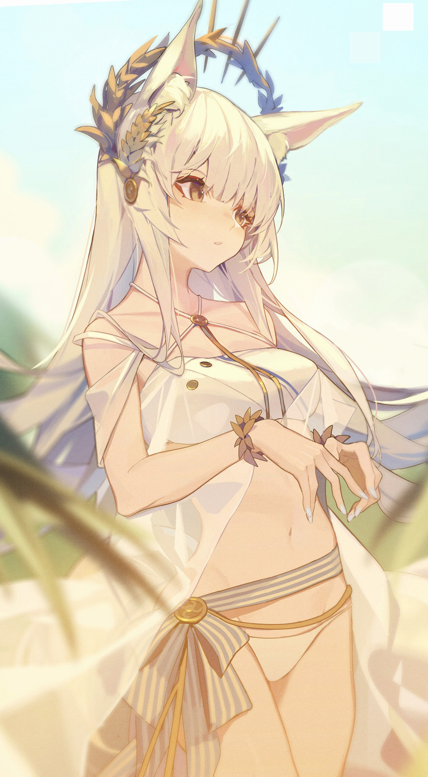 1girl absurdres animal_ear_fluff animal_ears arknights bandeau bangs bare_arms bare_shoulders bikini breasts brown_eyes commentary cowboy_shot criss-cross_halter halterneck head_tilt highres laurel_crown long_hair medium_breasts mongarit nail_polish navel parted_lips platinum_(arknights) silver_hair solo standing stomach swimsuit symbol_commentary thighs white_bikini white_nails