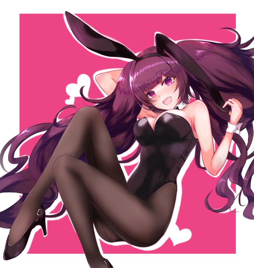 1girl :d absurdres animal_ears arm_up bare_shoulders black_footwear black_hairband black_leotard breasts brown_legwear bunnysuit commentary_request drop_shadow fang habu_rin hairband hand_behind_head hand_up head_tilt heart high_heels highres leotard long_hair looking_at_viewer medium_breasts open_mouth original pantyhose pink_background purple_hair rabbit_ears shoes smile solo strapless strapless_leotard twintails two-tone_background very_long_hair violet_eyes white_background wrist_cuffs