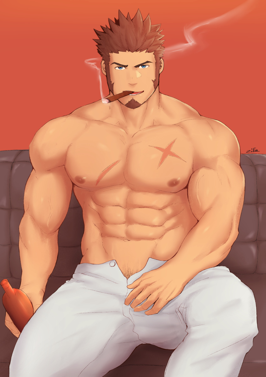 1boy abs bara beard biceps blue_eyes brown_hair chest cigar commentary_request drinking facial_hair fate/grand_order fate_(series) highres looking_at_viewer male_focus male_pubic_hair muscle napoleon_bonaparte_(fate/grand_order) nipples pants pectorals pubic_hair scar smile smoke smoking solo zifuuuun