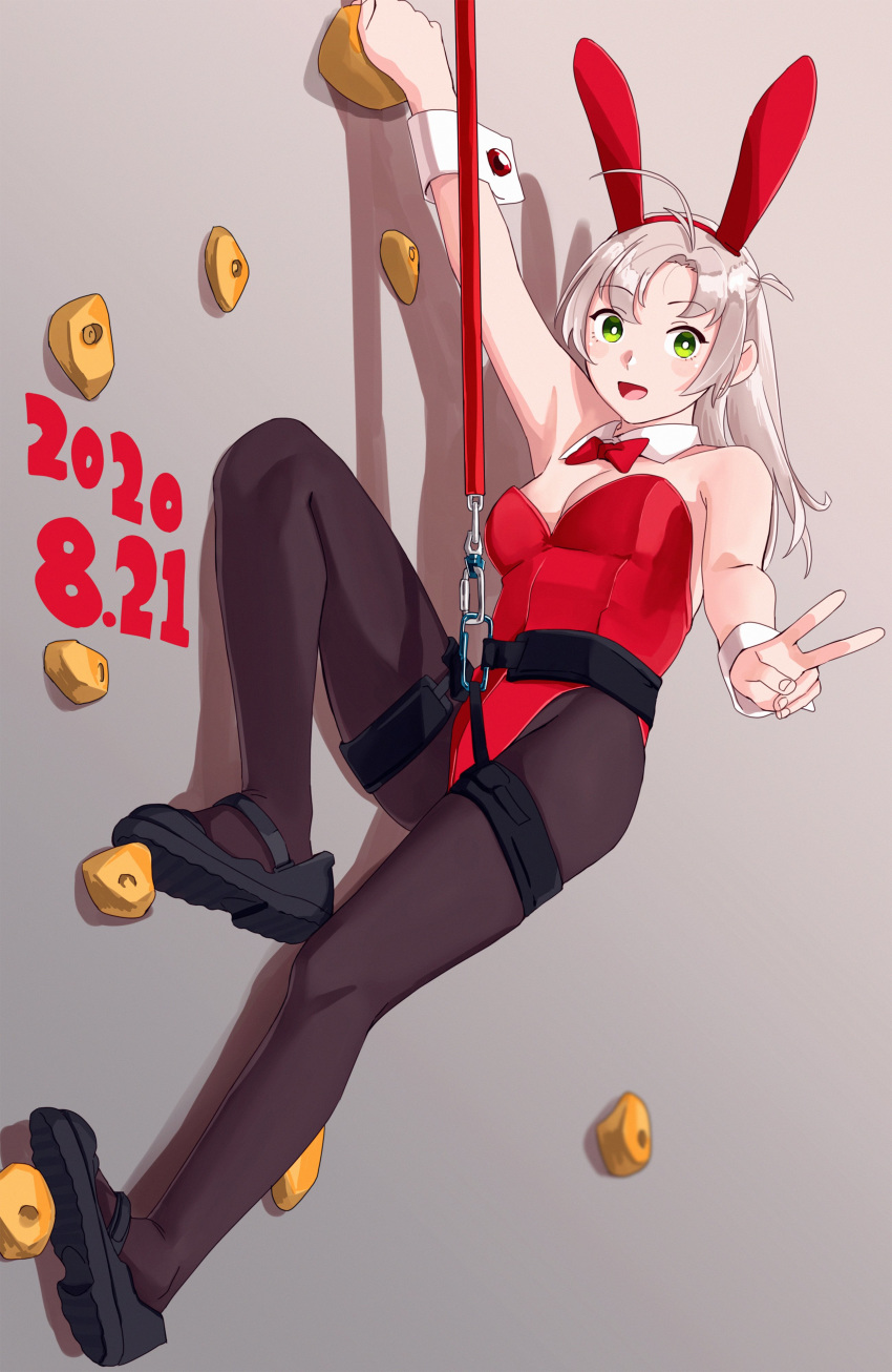 1girl absurdres animal_ears antenna_hair bouldering bow bowtie bunnysuit climbing_wall commentary_request detached_collar full_body green_eyes grey_hair highres kantai_collection kinugasa_(kantai_collection) leotard medium_hair ojipon one_side_up pantyhose rabbit_ears rappelling red_leotard red_neckwear remodel_(kantai_collection) rope smile solo strapless strapless_leotard wrist_cuffs