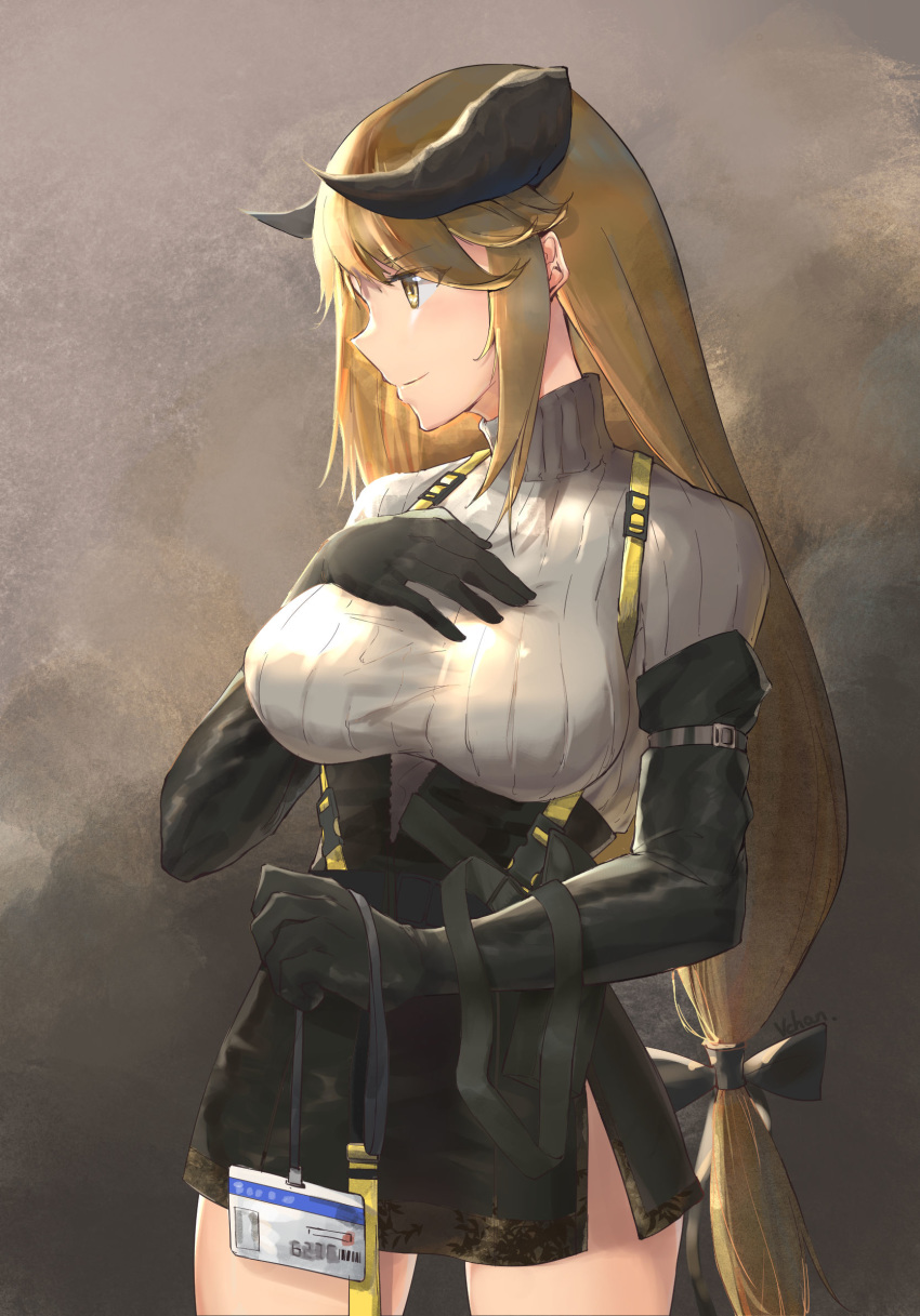 1girl arknights artist_name bangs black_gloves black_skirt breasts brown_hair commentary_request cowboy_shot elbow_gloves eyebrows_visible_through_hair gloves grey_sweater hand_on_own_chest highres horns id_card large_breasts long_hair looking_to_the_side low-tied_long_hair meteorite_(arknights) miniskirt profile sidelocks signature skirt smile solo standing sweater turtleneck turtleneck_sweater vchan very_long_hair yellow_eyes
