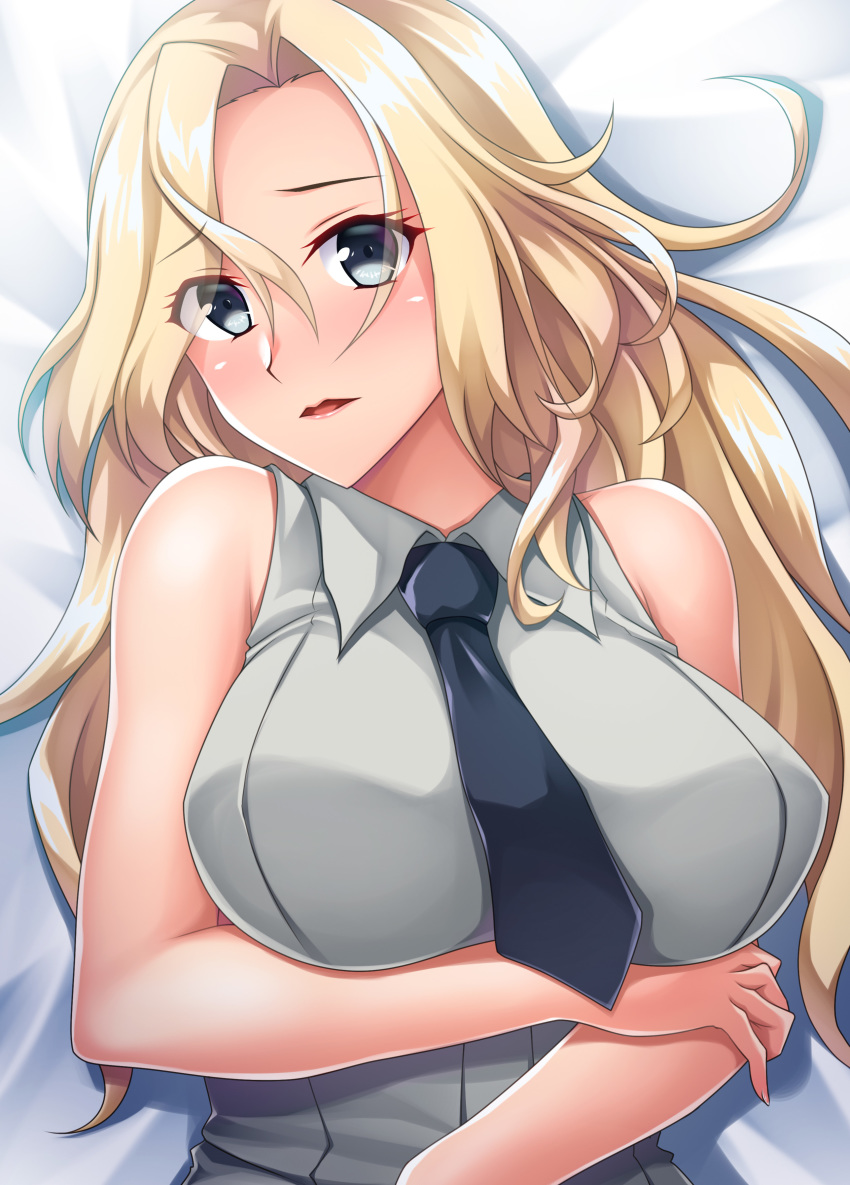 1girl absurdres arm_across_chest bed_sheet blonde_hair blouse blue_eyes blush breasts highres hornet_(kantai_collection) kantai_collection large_breasts long_hair looking_at_viewer lying messy_hair necktie on_back on_bed parted_lips ruin_re_birth shirt sleeveless sleeveless_shirt solo upper_body white_blouse