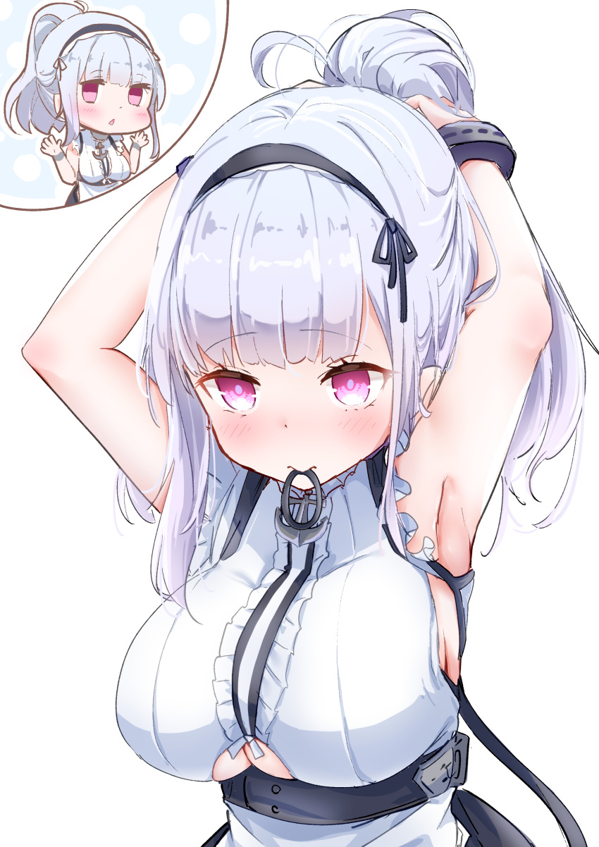 1girl absurdres alternate_hairstyle anchor_choker apron armpits arms_up azur_lane bangs bare_shoulders black_hairband blunt_bangs blush bracelet breasts center_frills commentary dido_(azur_lane) eyebrows_visible_through_hair frills hair_tie hairband highres jewelry lace-trimmed_hairband large_breasts long_hair maid_apron maid_dress mouth_hold nissi ponytail sidelocks silver_hair simple_background sleeveless solo standing tying_hair under_boob underboob_cutout underbust upper_body violet_eyes waist_apron white_apron white_background
