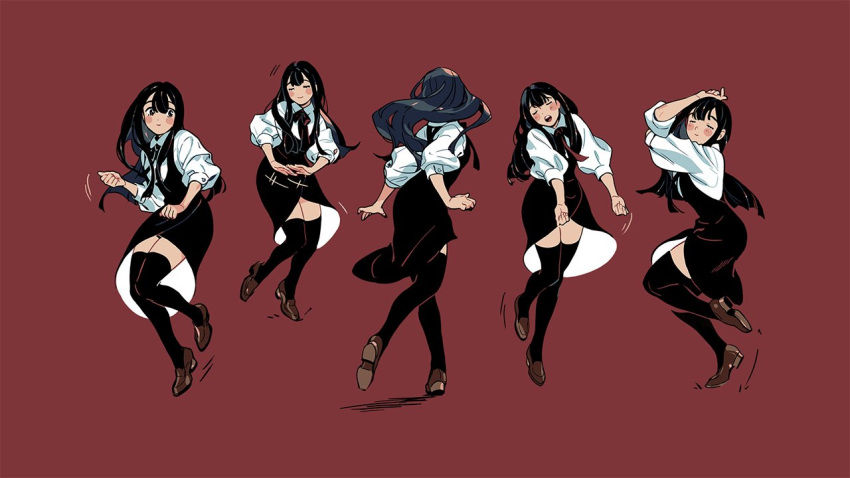 1girl black_dress black_eyes black_hair black_legwear black_neckwear blush_stickers brown_footwear character_request check_character closed_mouth collared_shirt dancing dress full_body juby long_hair multiple_views neck_ribbon open_mouth original red_background ribbon shirt shoes simple_background thigh-highs white_shirt