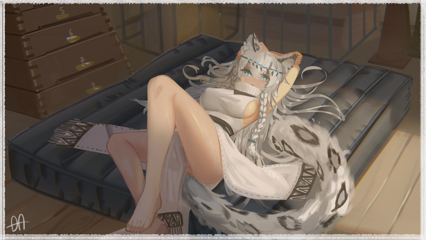 1girl arknights bare_legs barefoot blue_eyes blush braid breasts cat_girl covered_nipples eflilies english_commentary gym_storeroom highres hurdle large_breasts loincloth long_hair looking_at_viewer lying lynx_ears lynx_tail mattress on_back pramanix_(arknights) sideboob silver_hair solo twin_braids very_long_hair