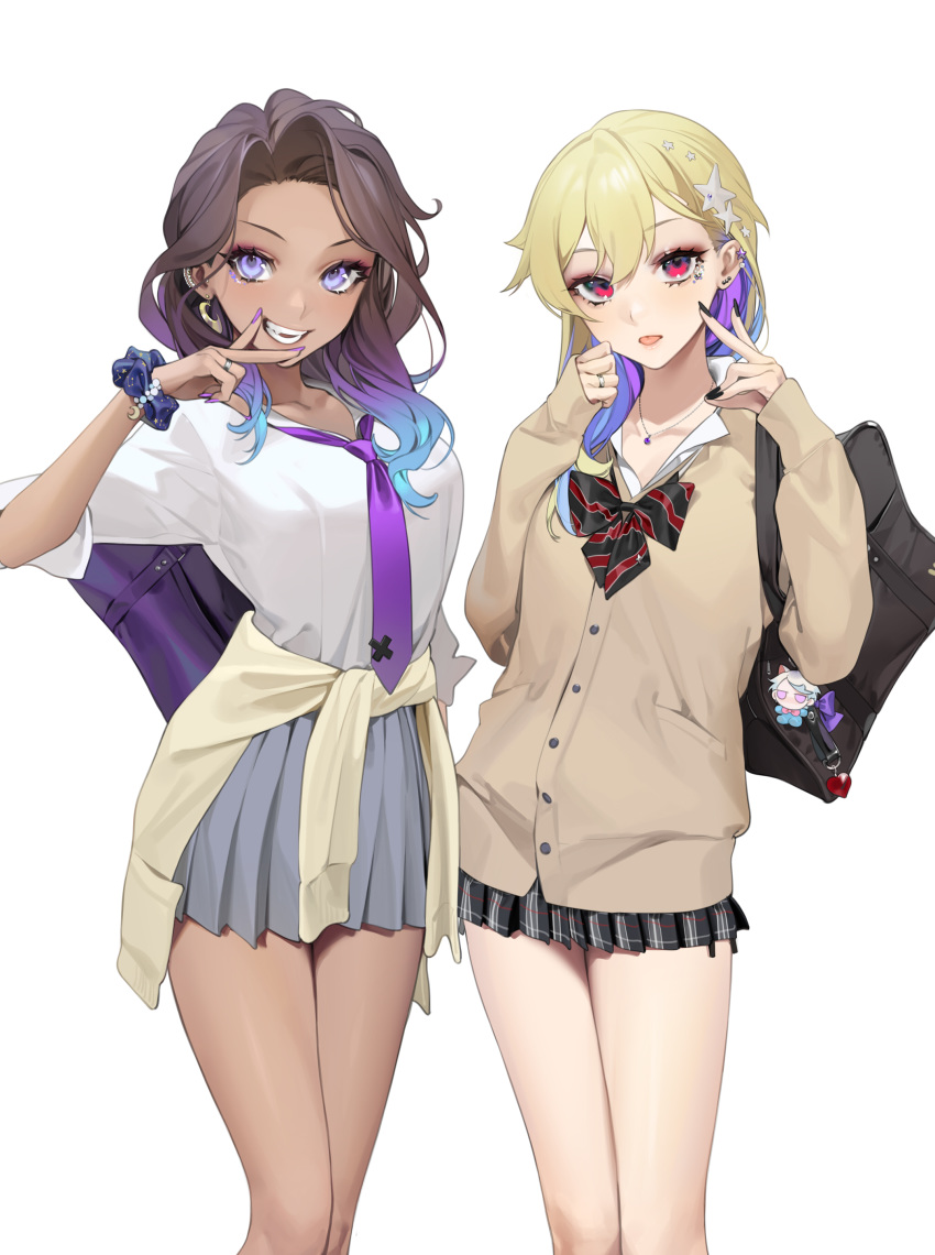 2girls absurdres bangs black_nails blonde_hair breasts brown_cardigan brown_hair cardigan clothes_around_waist collarbone grey_skirt hair_ornament hand_up hands_up highres hime_(splatoon) humanization iida_(splatoon) jewelry long_hair long_sleeves looking_at_viewer medium_breasts multiple_girls nail_polish necklace necktie ohisashiburi open_mouth pink_eyes plaid plaid_skirt pleated_skirt purple_neckwear skirt sleeves_past_wrists smile splatoon_(series) splatoon_2 standing star_(symbol) star_hair_ornament sweater sweater_around_waist teeth v v_over_mouth violet_eyes