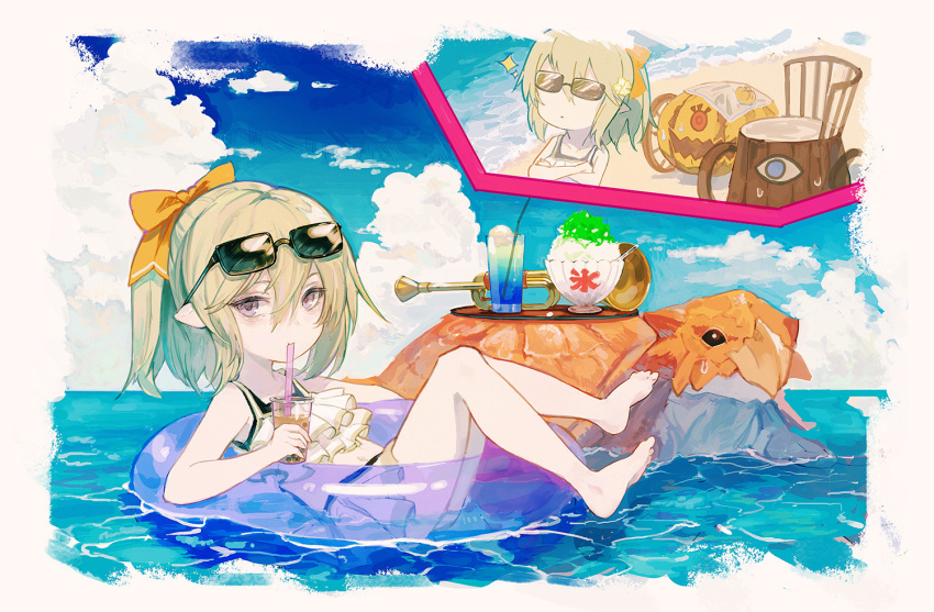 1girl afloat beach border bow bubble_tea clouds drinking drinking_straw eyewear_on_head fading_border frilled_swimsuit frills granblue_fantasy green_hair hair_bow harvin innertube instrument looking_at_viewer mimlememel multiple_views navel official_art ponytail pumpkin shaved_ice short_hair sitting sparkle sunglasses sweatdrop swimsuit tree_stump trumpet turtle violet_eyes