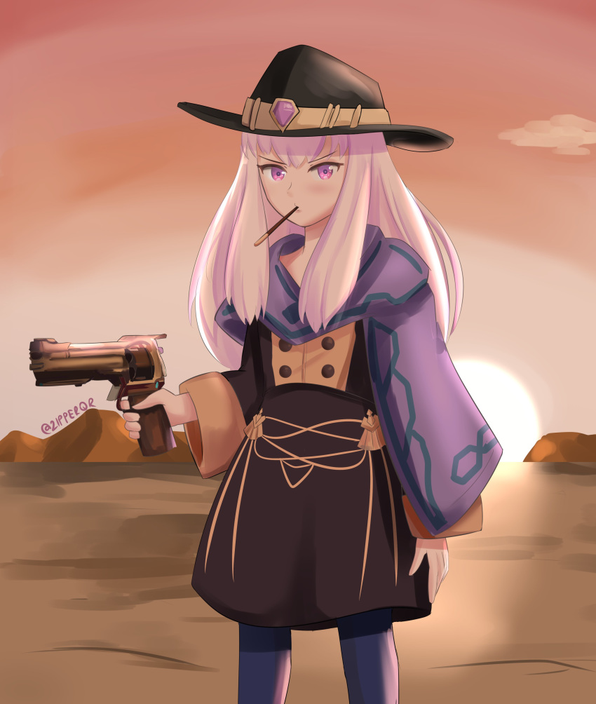 1girl absurdres blue_legwear fire_emblem fire_emblem:_three_houses food garreg_mach_monastery_uniform gun hat highres holding holding_gun holding_weapon long_hair long_sleeves lysithea_von_ordelia pink_eyes pocky solo twitter_username uniform weapon white_hair zipperqr