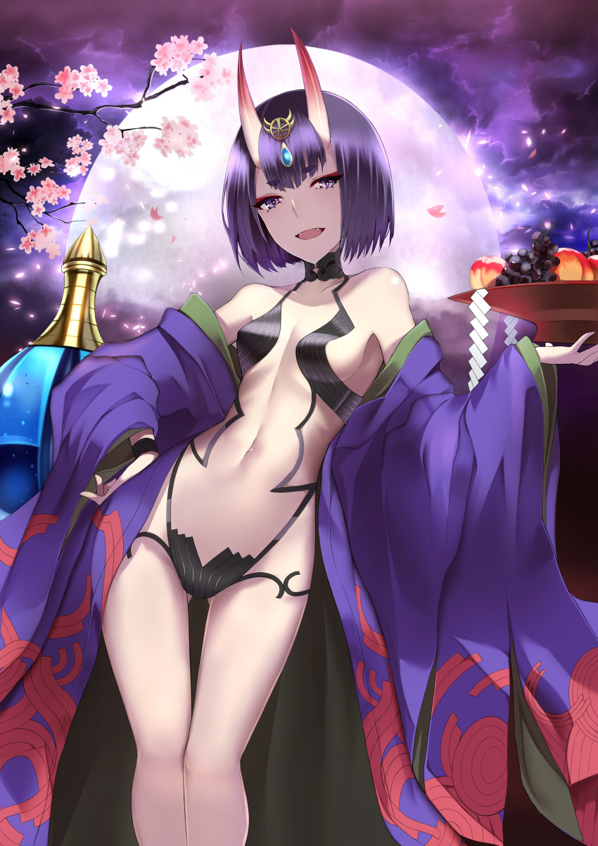 1girl absurdres ass_visible_through_thighs bangs breasts cherry_blossoms collarbone cup eyeshadow fangs fate/grand_order fate_(series) food fruit full_moon hand_on_hip headpiece highres horns japanese_clothes legs looking_at_viewer makeup moon navel night oni oni_horns open_mouth petals purple_hair revealing_clothes sakazuki shide shiguru short_eyebrows short_hair shuten_douji_(fate/grand_order) skin-covered_horns small_breasts smile solo standing thigh_gap violet_eyes