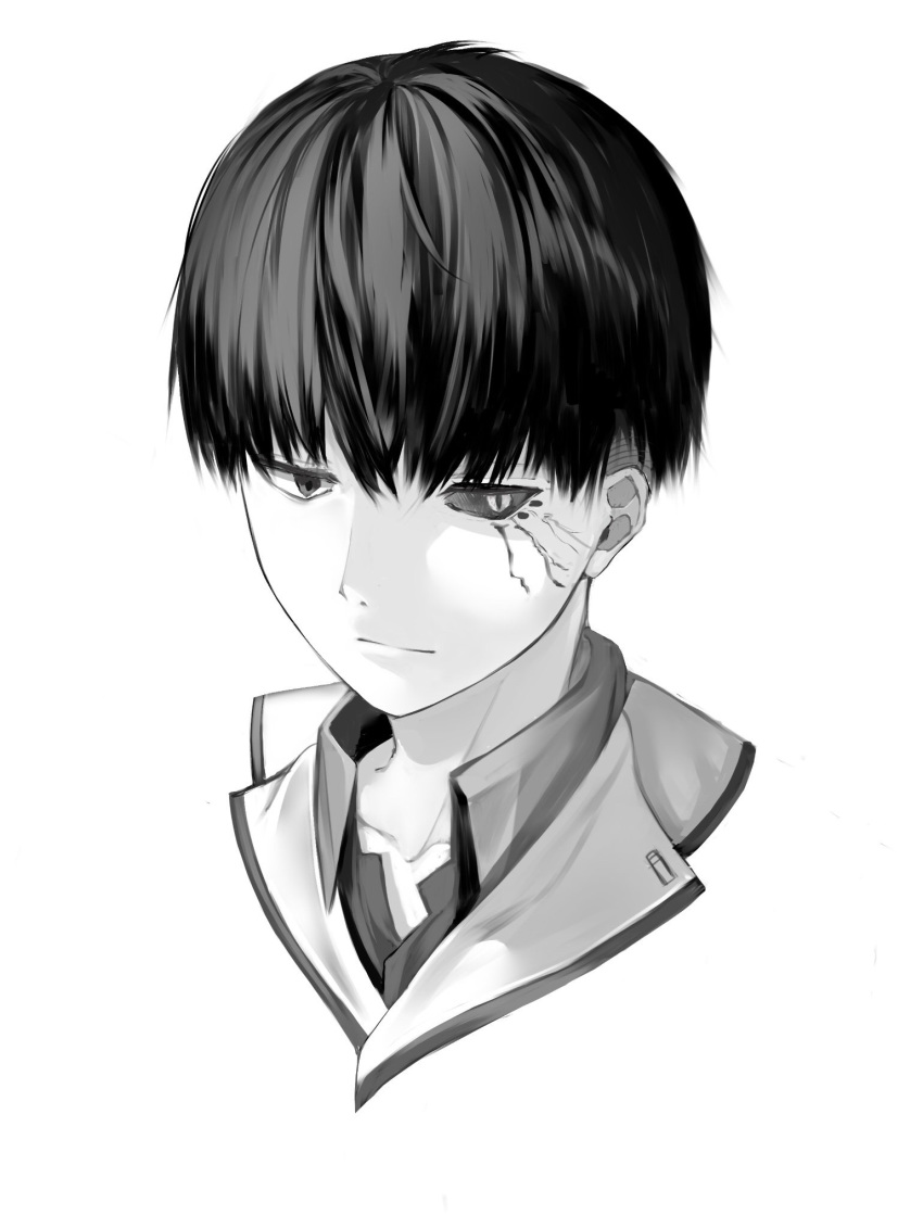 1boy bangs black_sclera bob_cut closed_mouth collarbone commentary_request expressionless face greyscale highres male_focus monochrome portrait shiranui_(nisioisin_sinob) short_hair simple_background solo tokyo_ghoul tokyo_ghoul:re urie_kuki white_background