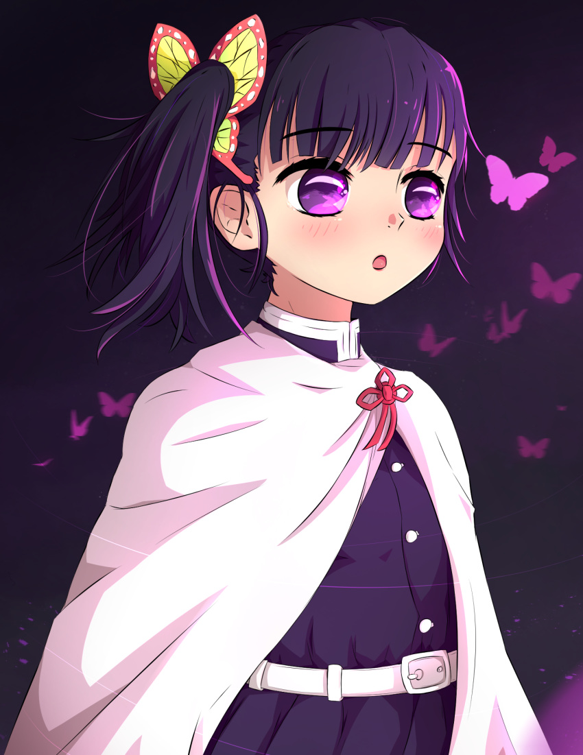 1girl :o bangs belt belt_buckle black_hair blush buckle bug butterfly butterfly_hair_ornament cape eyebrows_visible_through_hair gradient_hair hair_ornament highres insect jacket kimetsu_no_yaiba multicolored_hair open_mouth pleated_skirt pugpuggy purple_hair purple_jacket purple_skirt ribbon skirt solo staring tsuyuri_kanao violet_eyes white_belt