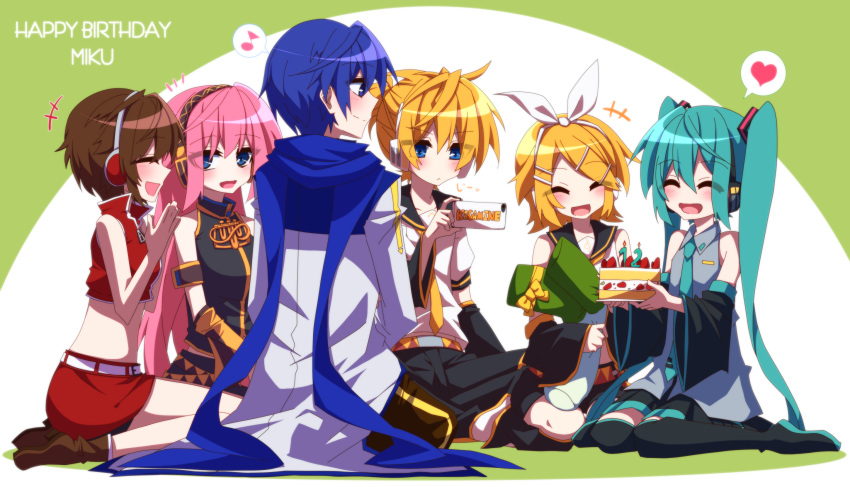 +++ 1boy 4girls aosaki_yato aqua_eyes aqua_hair aqua_neckwear arm_warmers armband bangs bare_shoulders bass_clef birthday birthday_cake black_collar black_legwear black_shirt black_shorts black_skirt black_sleeves blonde_hair blue_eyes blue_hair blue_scarf blush bow brown_hair cake candle character_name closed_eyes coat collar commentary crop_top detached_sleeves eighth_note food fruit gold_trim grey_shirt hair_bow hair_ornament hairclip happy_birthday hatsune_miku headphones heart highres holding holding_cake holding_food holding_phone indian_style leg_warmers long_hair looking_at_another miniskirt multiple_girls musical_note neckerchief necktie open_mouth phone pink_hair pleated_skirt red_shirt red_skirt ribbon sailor_collar scarf school_uniform seiza shirt short_hair short_ponytail short_shorts short_sleeves shorts sitting skirt sleeveless sleeveless_shirt smile spiky_hair spoken_heart spoken_musical_note spring_onion strawberry swept_bangs taking_picture thigh-highs treble_clef twintails very_long_hair vocaloid wariza white_bow white_coat white_shirt yellow_neckwear zettai_ryouiki