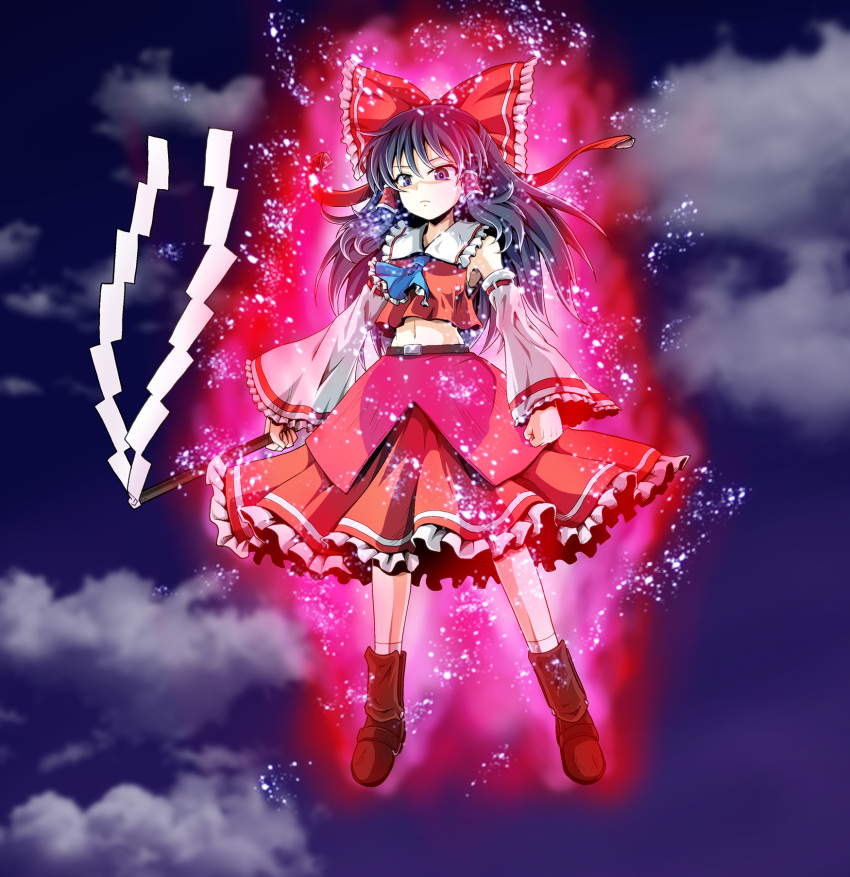 1girl ascot aura bangs black_eyes black_footwear black_hair blue_neckwear blue_sky boots bow clenched_hand closed_mouth clouds cloudy_sky collar collared_shirt detached_sleeves floating frilled_bow frilled_collar frilled_skirt frills gohei hair_bow hair_tubes hakurei_reimu highres holding kamishima_kanon light_particles long_hair medium_skirt midriff navel night night_sky red_bow red_shirt red_skirt shirt single_horizontal_stripe skirt skirt_set sky sleeveless sleeveless_shirt socks solo touhou white_legwear