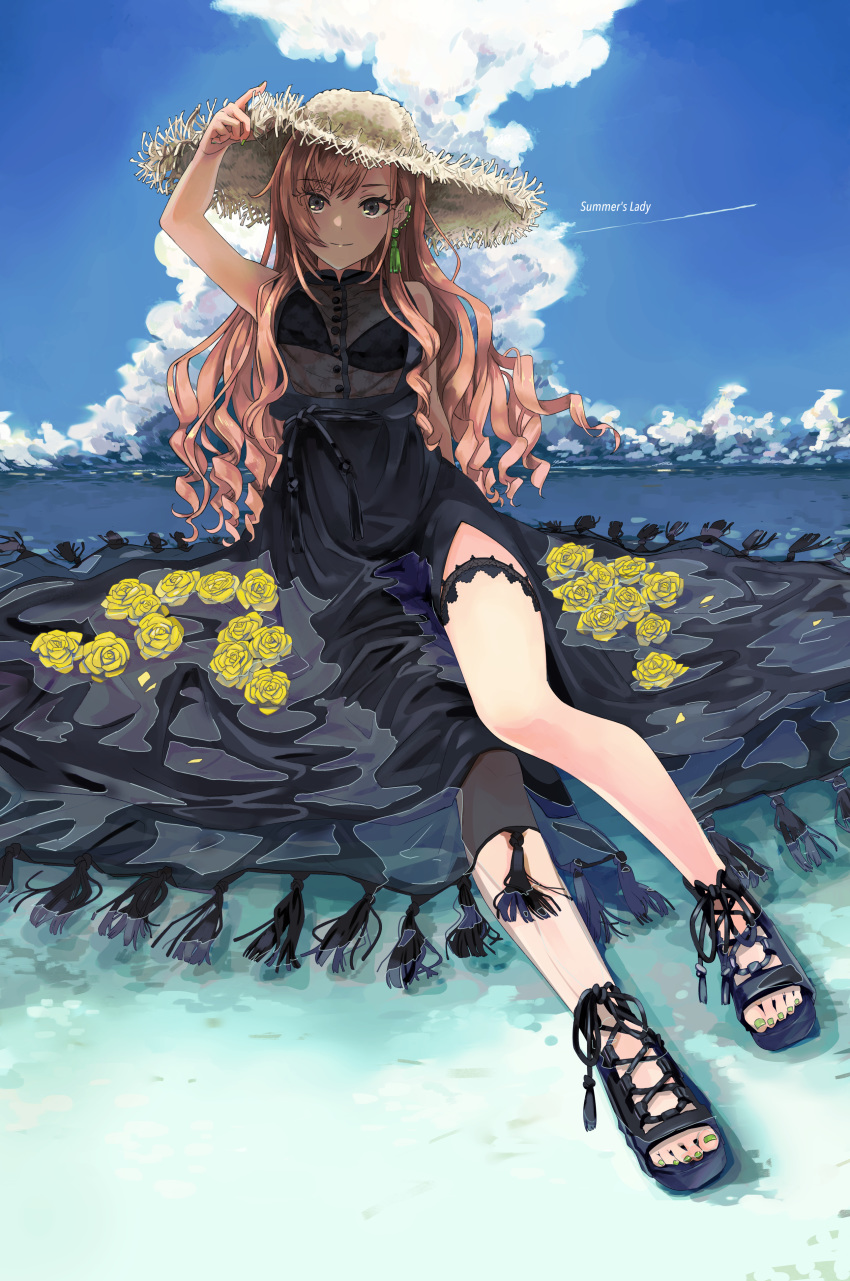 1girl absurdres arisugawa_natsuha beach brown_eyes clouds dress earrings flower hand_on_headwear hat highres houkago_climax_girls_(idolmaster) idolmaster idolmaster_shiny_colors jewelry long_hair looking_at_viewer oka_paya open_toe_shoes redhead see-through_dress sky smile straw_hat water wet wet_clothes