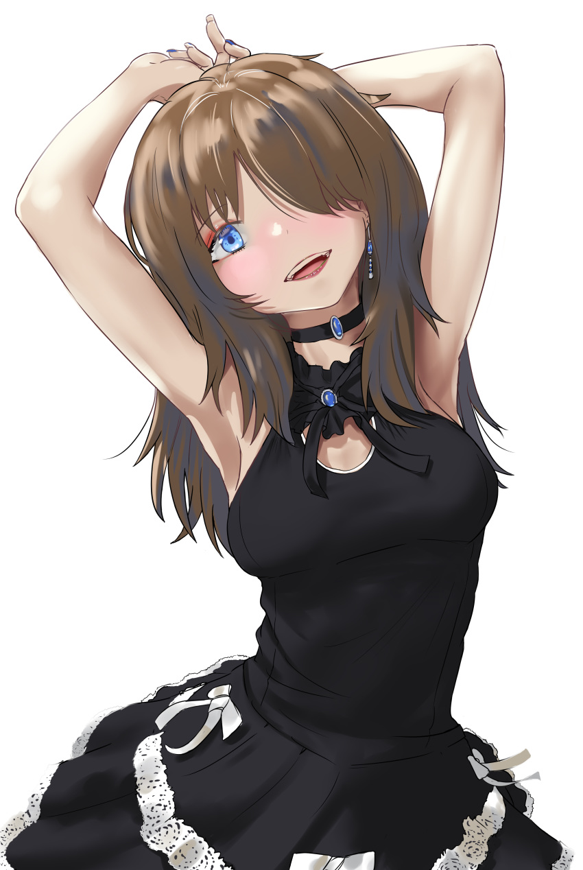 1girl :d absurdres armpits arms_up bare_arms bare_shoulders black_choker black_dress blue_eyes blush bow breasts brown_hair choker cleavage_cutout cowboy_shot dress earrings hair_over_one_eye head_tilt highres jewelry long_hair looking_at_viewer medium_breasts open_mouth original sashaalex simple_background sleeveless sleeveless_dress smile solo upper_teeth white_background white_bow