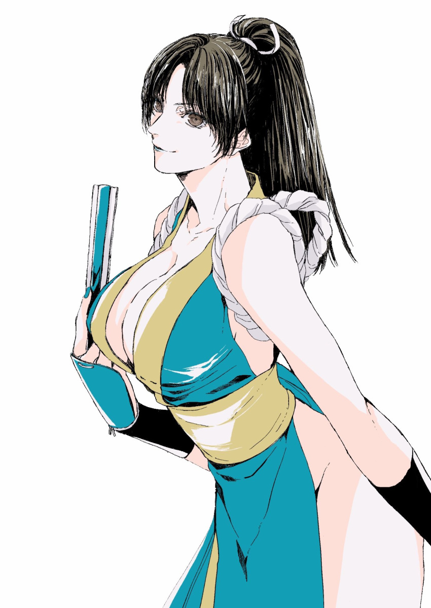 1girl arm_guards black_hair breasts fan fatal_fury folding_fan highres large_breasts long_hair osakana_e ponytail revealing_clothes shiranui_mai solo white_background