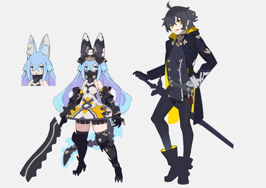 absurdres ahoge animal_ear_fluff animal_ears bare_shoulders belt black_hair black_legwear blue_eyes blue_hair boots clawed_gauntlets concept_art dress fang gauntlets gloves greaves grey_background hair_between_eyes hajime_(hajime-ill-1st) hand_on_hip highres holding holding_sword holding_weapon long_hair mask mechanical_tail mouth_mask original parted_lips pointy_ears silhouette simple_background sleeves_past_wrists standing sword tail thigh-highs turtleneck vambraces weapon white_gloves yellow_eyes