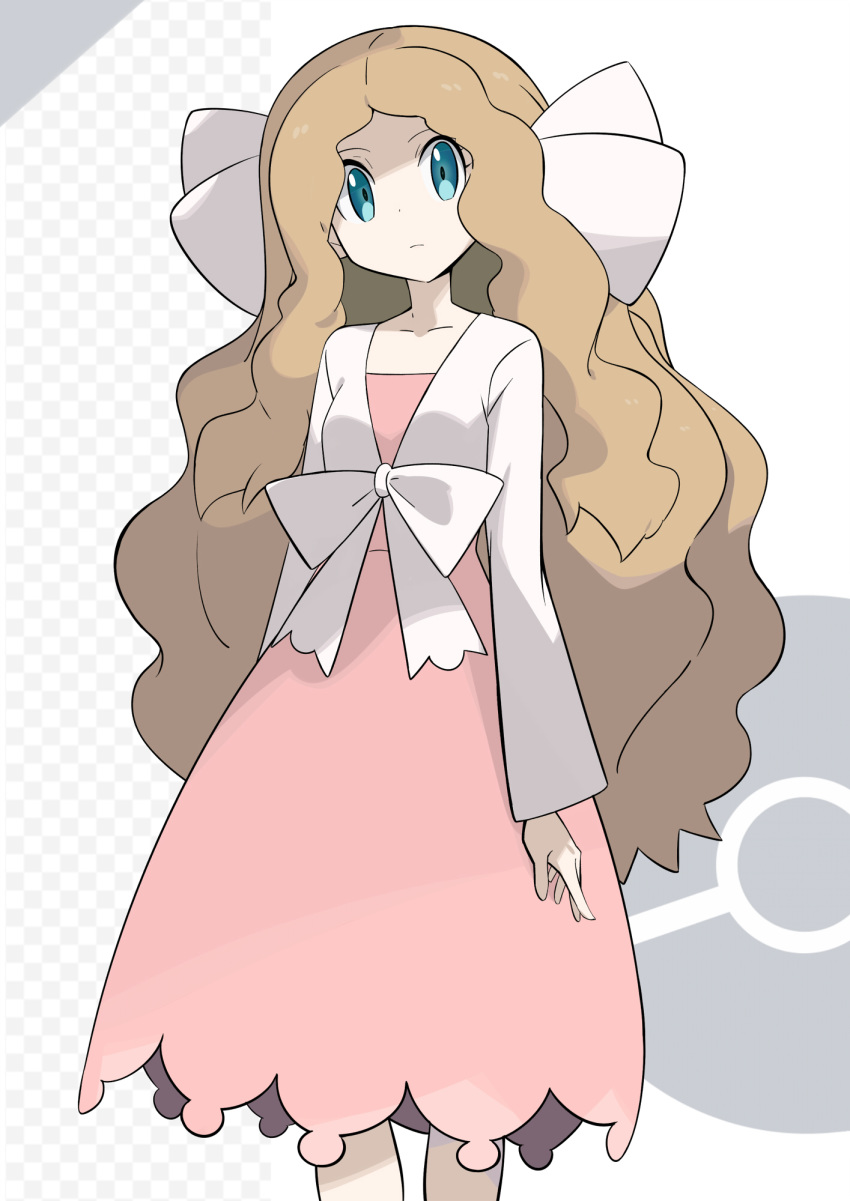 1girl aqua_eyes big_hair blouse bow brown_hair caitlin_(pokemon) checkered closed_mouth collarbone commentary dress eyelashes hair_ornament highres long_hair long_sleeves monochrome_background pink_dress poke_ball_symbol pokemon pokemon_(game) pokemon_dppt pokemon_platinum sakuraidai solo very_long_hair white_blouse