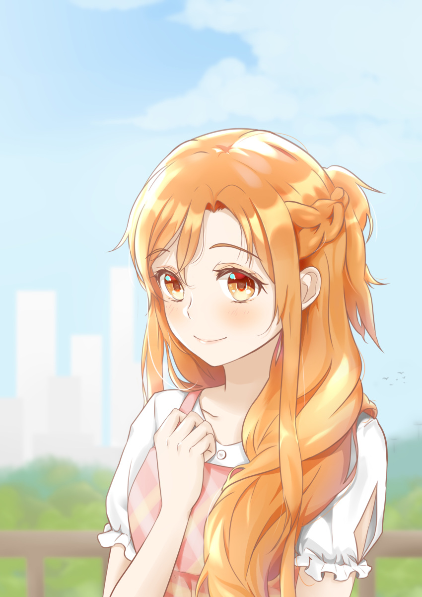 1girl absurdres asuna_(sao) bangs blonde_hair blurry blurry_background braid brown_eyes closed_mouth collarbone eyebrows_visible_through_hair french_braid hair_between_eyes hair_over_shoulder highres kulomo long_hair shiny shiny_hair shirt short_sleeves smile solo sword_art_online upper_body white_shirt