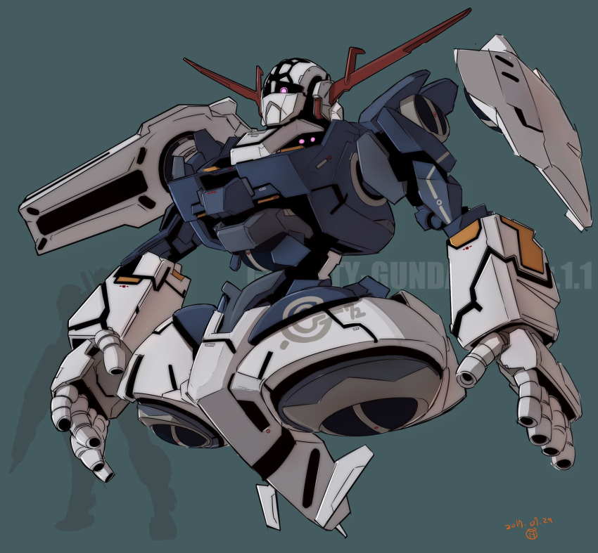 green_background gundam highres mecha mobile_suit_gundam moi_moi7 no_humans one-eyed open_hands redesign rx-78-2 silhouette size_comparison solo_focus zeon zeong