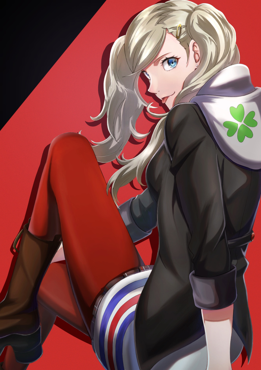 1girl absurdres bangs black_jacket blue_eyes boots brown_footwear earrings floating_hair hair_ornament hairclip highres hood hood_down hooded_jacket jacket jewelry long_hair long_sleeves looking_at_viewer pantyhose persona persona_5 red_background red_legwear silver_hair sitting smile solo swept_bangs takamaki_anne tirudo29 tongue tongue_out twintails