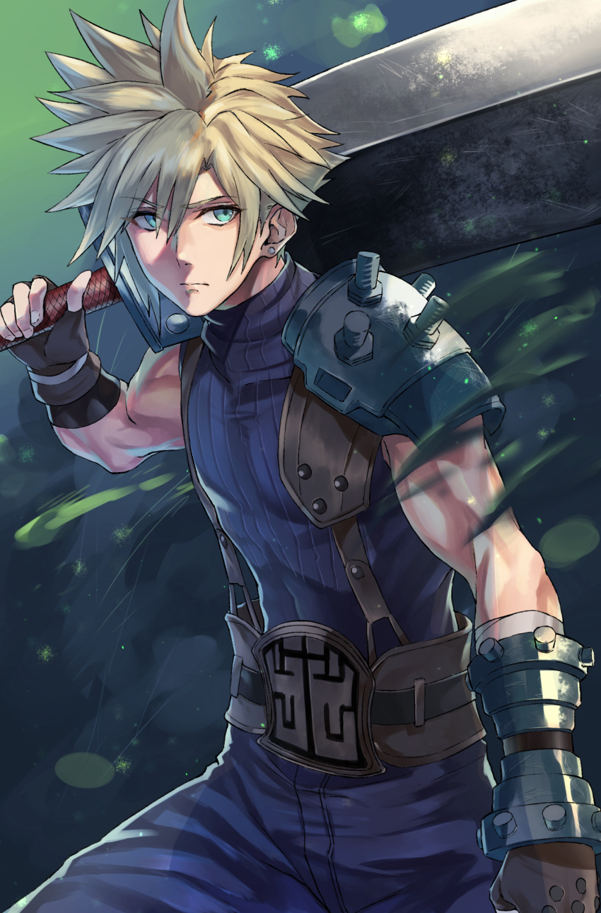 1boy aqua_eyes armor bandaged_arm bandages blonde_hair brown_gloves buster_sword clenched_hand closed_mouth cloud_strife covered_navel earrings eyebrows_visible_through_hair eyes_visible_through_hair final_fantasy final_fantasy_vii final_fantasy_vii_remake fingerless_gloves fingernails gloves hair_between_eyes highres holding holding_sword holding_weapon hotate-chan huge_weapon jewelry male_focus muscle over_shoulder pauldrons ribbed_sweater screw shoulder_armor single_earring single_pauldron solo sweater sword sword_over_shoulder turtleneck vambraces weapon weapon_over_shoulder