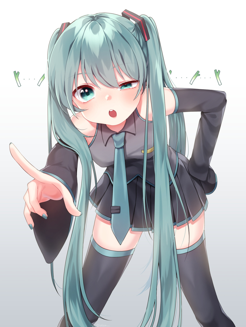 1girl absurdres aqua_eyes aqua_hair aqua_nails bangs bare_shoulders bent_over black_legwear black_skirt blush breasts collared_shirt commentary_request cowboy_shot detached_sleeves fingernails gradient gradient_background green_neckwear grey_background hair_between_eyes half-closed_eye hand_on_hip hatsune_miku highres long_hair long_sleeves looking_at_viewer miniskirt nail_polish necktie open_mouth pleated_skirt pointing pointing_at_viewer shirt skirt sleeveless sleeveless_shirt sleeves_past_wrists solo spring_onion standing taemin teeth thigh-highs tie_clip twintails upper_teeth very_long_hair vocaloid white_background zettai_ryouiki