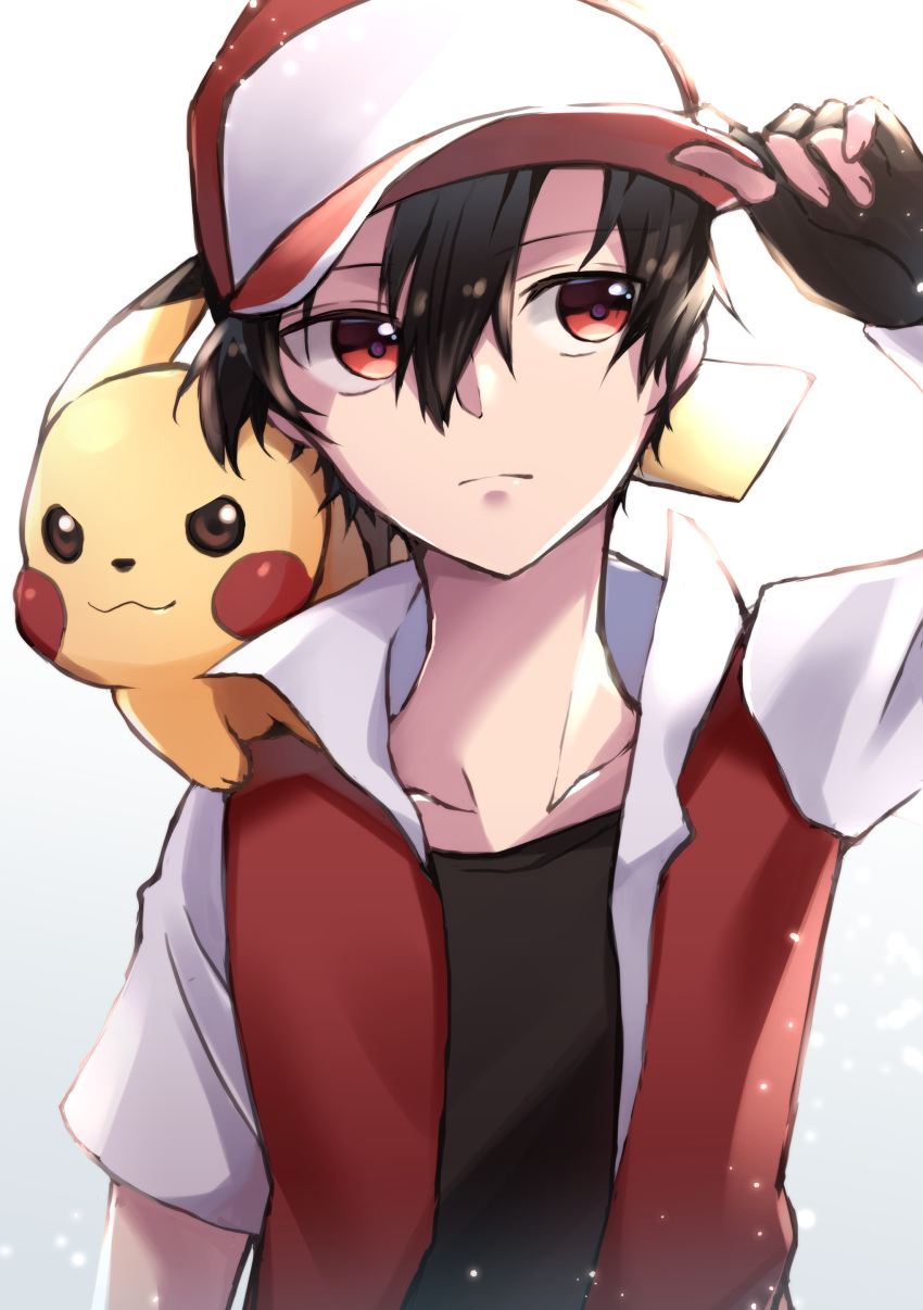 1boy absurdres arm_up bangs baseball_cap black_gloves black_hair black_shirt closed_mouth commentary_request fingerless_gloves gen_1_pokemon gloves hair_between_eyes hand_on_headwear hat highres jacket looking_to_the_side on_shoulder pikachu pokemon pokemon_(creature) pokemon_(game) pokemon_on_shoulder pokemon_rgby red_(pokemon) red_eyes ruriiro_blue shirt short_sleeves upper_body