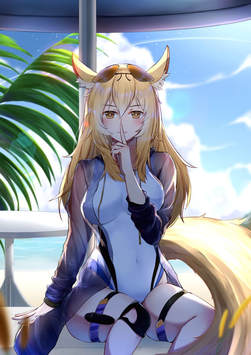 1girl absurdres alternate_hairstyle animal_ear_fluff animal_ears arknights as_yinshimao bangs blonde_hair blue_sky blush brown_eyes clouds commentary covered_navel day eyewear_on_head feet_out_of_frame hair_between_eyes hair_down hand_up highres index_finger_raised knee_pads large_tail long_hair long_sleeves looking_at_viewer nearl_(arknights) one-piece_swimsuit sitting sky smile solo sunglasses swimsuit tail thigh_strap thighs white_swimsuit