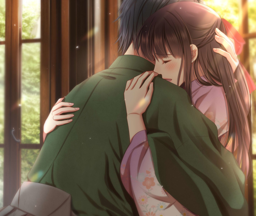 1boy 1girl black_hair blush brown_hair closed_eyes day green_kimono hair_ribbon hakama hetero hug indoors izumi_(stardustalone) japanese_clothes kimono long_hair open_mouth pink_kimono red_ribbon renri_no_chigiri_wo_kimi_to_shiru ribbon sunlight upper_body window