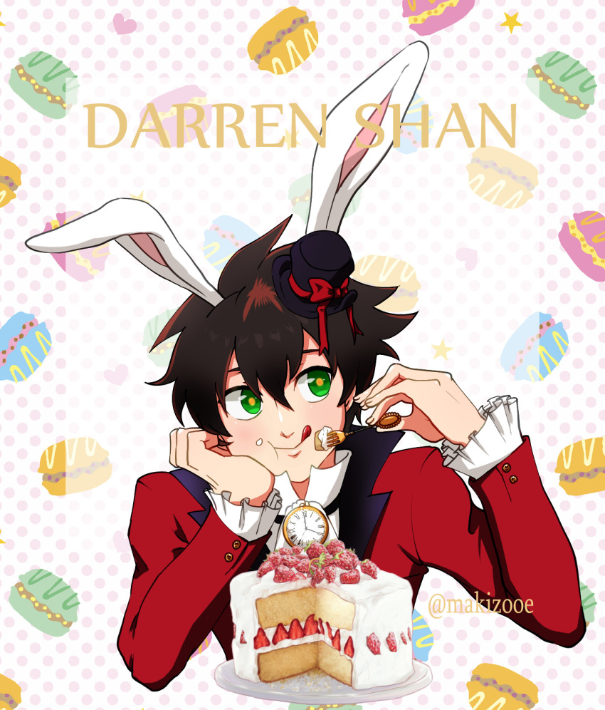 1boy alternate_costume animal_ears black_hair cake darren_shan food fork fruit green_eyes hat highres macaron plate rabbit_ears short_hair smile solo strawberry strawberry_shortcake the_saga_of_darren_shan tongue tongue_out top_hat