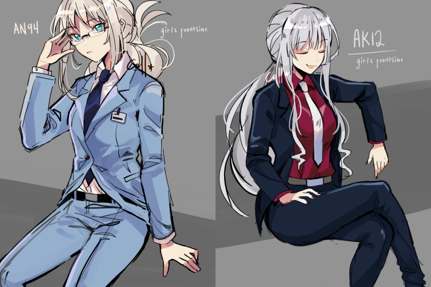 2girls :d ak-12_(girls_frontline) an-94_(girls_frontline) bangs belt black_belt black_jacket black_pants blazer blue_jacket blue_neckwear blue_pants blue_shirt blue_suit closed_eyes closed_mouth coll_(erichankun) collared_shirt eyebrows_visible_through_hair folded_hair girls_frontline glasses grey_background hand_up id_card jacket long_hair looking_at_viewer multiple_girls open_blazer open_clothes open_jacket open_mouth pants platinum_blonde_hair red_shirt shirt sidelocks sitting smile white_neckwear white_shirt