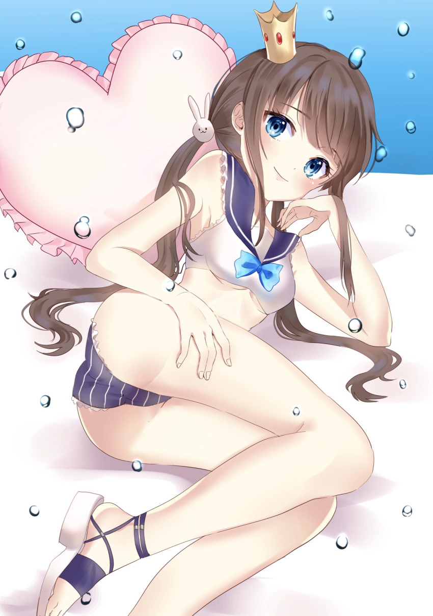 1girl ass bangs bare_thighs bikini blue_eyes blue_neckwear blunt_bangs bow bowtie breasts brown_hair bunny_hair_ornament closed_mouth commentary_request crop_top crown eyebrows_visible_through_hair frilled_bikini frills hair_ornament hand_on_own_thigh heart heart_pillow highres long_hair looking_at_viewer lying on_side original panties pillow sailor_collar sandals sidelocks small_breasts smile solo striped striped_bikini swimsuit thighs twintails under_boob underwear uni_sirasu