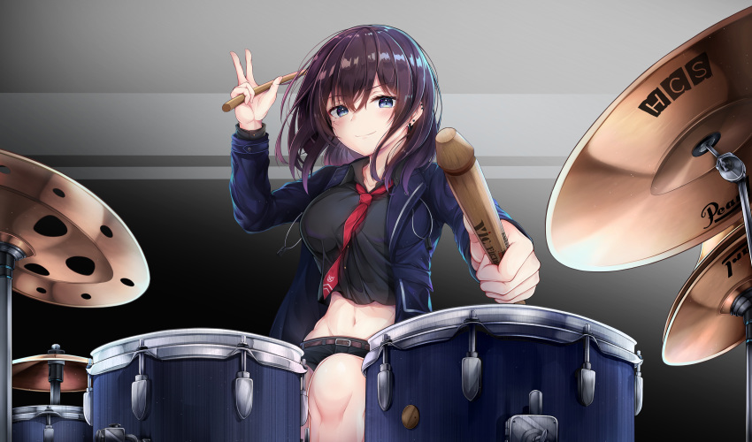 1girl absurdres bangs belt black_shirt black_shorts blue_eyes blue_jacket blush breasts brown_belt brown_hair collared_shirt commentary_request cowboy_shot crop_top cymbals drum drum_set drumsticks ear_piercing eyebrows_visible_through_hair groin hair_between_eyes highres holding holding_drumsticks huge_filesize instrument jacket kanta_(pixiv5741272) large_breasts long_sleeves looking_at_viewer medium_hair midriff navel necktie open_clothes open_jacket original pearl_drums piercing red_neckwear shirt short_shorts shorts sidelocks sitting smile solo