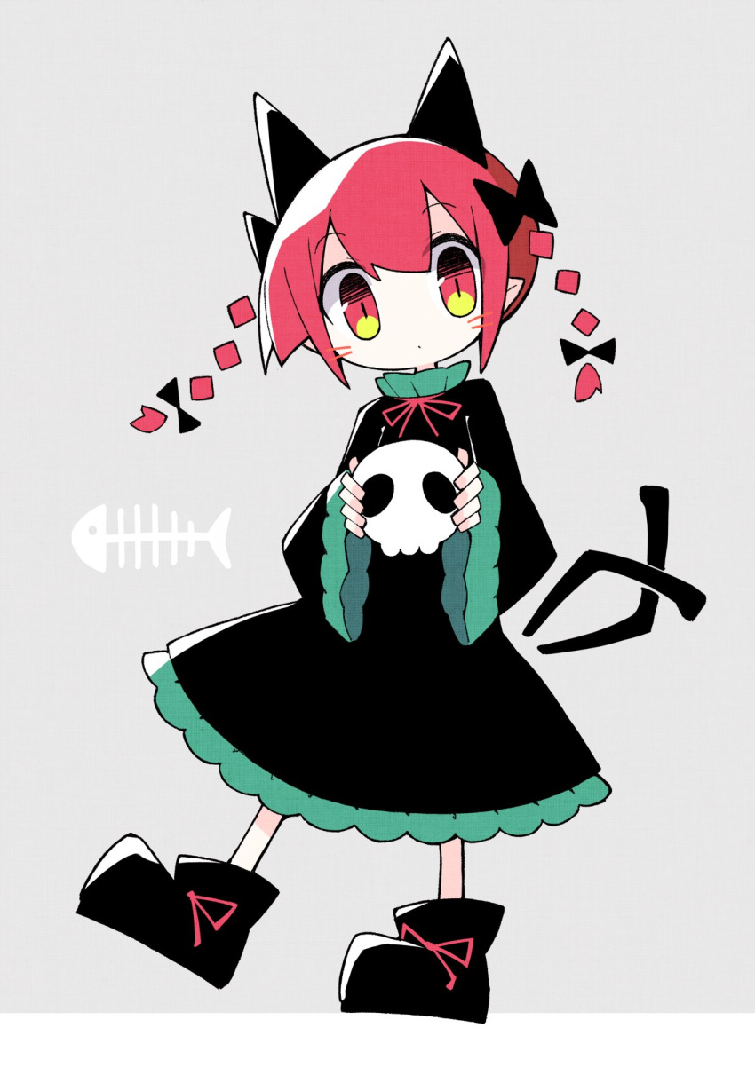 1girl animal_ears asameshi black_bow black_dress black_footwear blush_stickers bow braid cat_ears cat_tail commentary dress extra_ears fish_skeleton frilled_sleeves frills full_body grey_background hair_bow highres holding holding_skull kaenbyou_rin long_hair long_sleeves looking_at_viewer multiple_tails neck_ribbon pointy_ears red_eyes red_neckwear redhead ribbon shoes simple_background skull solo tail touhou twin_braids twintails two_tails