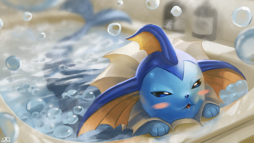 bath bathing blue_eyes blush bottle bubble commentary_request gen_1_pokemon highres no_humans open_mouth pokemon pokemon_(creature) solo supearibu tongue vaporeon water watermark