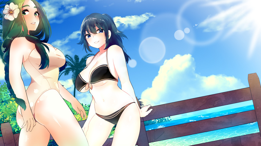 2girls absurdres ass beach bikini black_bikini blue_hair braid breasts byleth_(fire_emblem) byleth_eisner_(female) byleth_eisner_(female) cute day dutch_angle fence fire_emblem fire_emblem:_three_houses fire_emblem_16 fire_emblem_heroes flower goddess green_eyes green_hair hair_flower hair_ornament highres human intelligent_systems large_breasts lens_flare long_hair looking_at_viewer multiple_girls navel nintendo one-piece_swimsuit outdoors palm_tree rhea_(fire_emblem) smile standing summer swimsuit tree waifubot water