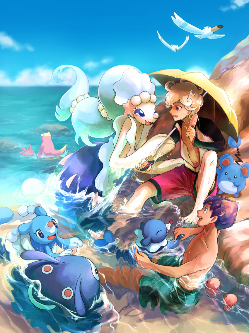 2boys barefoot beet_(pokemon) blonde_hair brionne clouds commentary_request corsola curly_hair dark_skin day galarian_form galarian_slowpoke gen_2_pokemon gen_3_pokemon gen_4_pokemon gen_7_pokemon gen_8_pokemon highres holding holding_umbrella hop_(pokemon) male_swimwear mantyke marill multiple_boys open_mouth outdoors pokemon pokemon_(creature) pokemon_(game) pokemon_swsh popplio primarina purple_hair rock satomune_s sky swim_trunks swimwear teeth toes umbrella water wingull