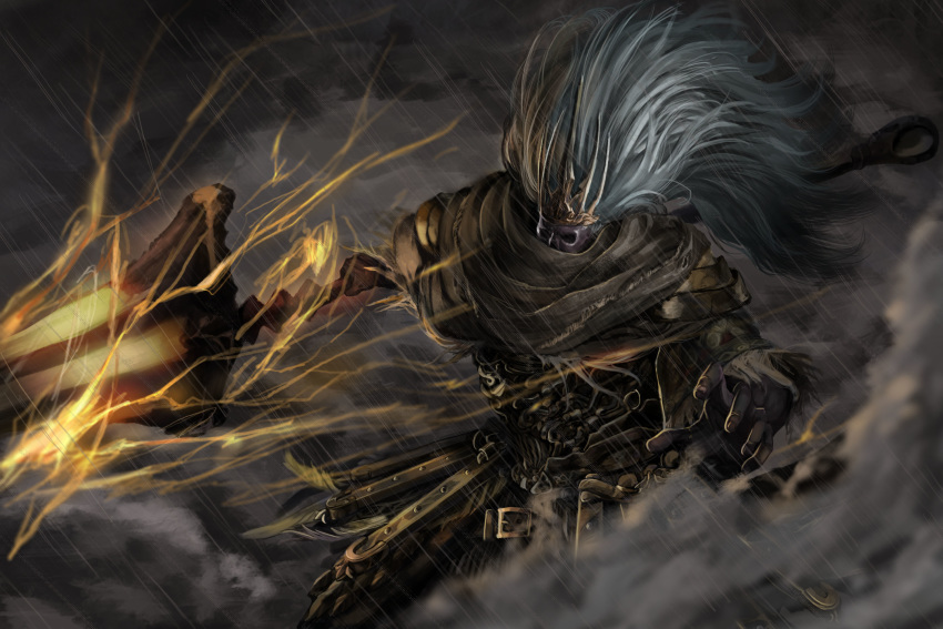 1boy armor brown_cloak cloak clouds commentary_request crown da_(dsasd751) dark_skin dark_skinned_male dark_souls_iii gold_armor grey_hair highres lightning long_hair male_focus nameless_king no_eyes polearm rain smoke solo souls_(from_software) spear weapon