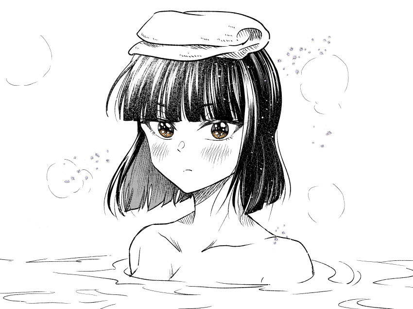 1girl absurdres bangs bathing furo_girl! highres kudou_makoto looking_at_viewer monochrome oyumino_sayoko short_hair solo spot_color towel towel_on_head yellow_eyes