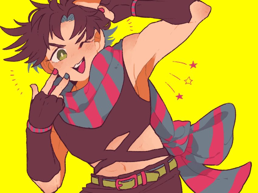 1boy arm_up armpits bare_arms bare_shoulders battle_tendency belt belt_buckle bow brown_hair buckle commentary_request crop_top fingerless_gloves gloves green_eyes grin hand_on_own_face hand_up jojo_no_kimyou_na_bouken joseph_joestar_(young) leaning leaning_to_the_side looking_at_viewer male_focus midriff nail_polish navel one_eye_closed open_mouth remu_(kudarizaka_25) scarf scarf_bow short_hair simple_background sleeveless smile solo spiky_hair star_(symbol) striped striped_scarf yellow_background
