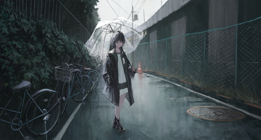 1girl ankle_boots bare_legs bicycle black_hair boots bush chain-link_fence cross-laced_footwear fence grass ground_vehicle highres kagumanikusu lace-up_boots long_hair manhole_cover original overcast oversized_clothes oversized_shirt rain raincoat red_eyes road shirt street traffic_cone tree umbrella utility_pole