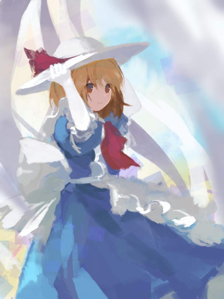 1girl apron back_bow blonde_hair blue_dress bow commentary cowboy_shot dress elbow_gloves from_side gloves hands_on_headwear hands_up hat hat_ribbon highres kaigen_1025 kana_anaberal red_neckwear red_ribbon ribbon short_hair short_sleeves smile solo touhou touhou_(pc-98) white_gloves white_headwear yellow_eyes