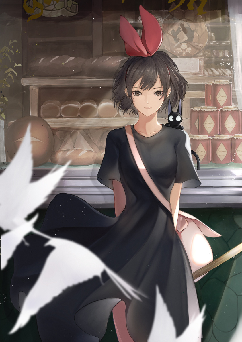 1girl absurdres animal animal_on_shoulder arms_behind_back bag bakery bangs bird black_cat black_dress black_eyes black_hair bread breasts cat cat_on_shoulder closed_mouth collarbone dress feet_out_of_frame food hair_ribbon highres indoors jiji_(majo_no_takkyuubin) kiki majo_no_takkyuubin marumoru medium_breasts red_ribbon ribbon shop short_hair short_sleeves shoulder_bag smile standing