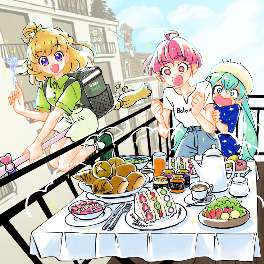 +_+ ahoge aqua_hair asahina_mirai aura balcony bangs beret blonde_hair blouse blue_eyes blunt_bangs bread broom broom_riding building butter_knife cake cappuccino_(drink) city cityscape clouds cloudy_sky coffee coffee_cup croissant cup day delivery denim disposable_cup doughnut drinking_glass eyebrows_visible_through_hair food food_art fork fruit glass hat heart heart-shaped_mouth holding holding_wand izayoi_liko jam jeans juice kettle knife latte_art lemon lemon_slice long_hair mahou_girls_precure! monster_rally mouth outdoors panicking pants pink_eyes pink_hair plate pointy_ears precure railing salad saucer shirt short_hair shorts sky sparkle spoon star_(symbol) star_print star_twinkle_precure symbol-shaped_pupils t-shirt table tablecloth teaspoon tomato uber_eats violet_eyes wand