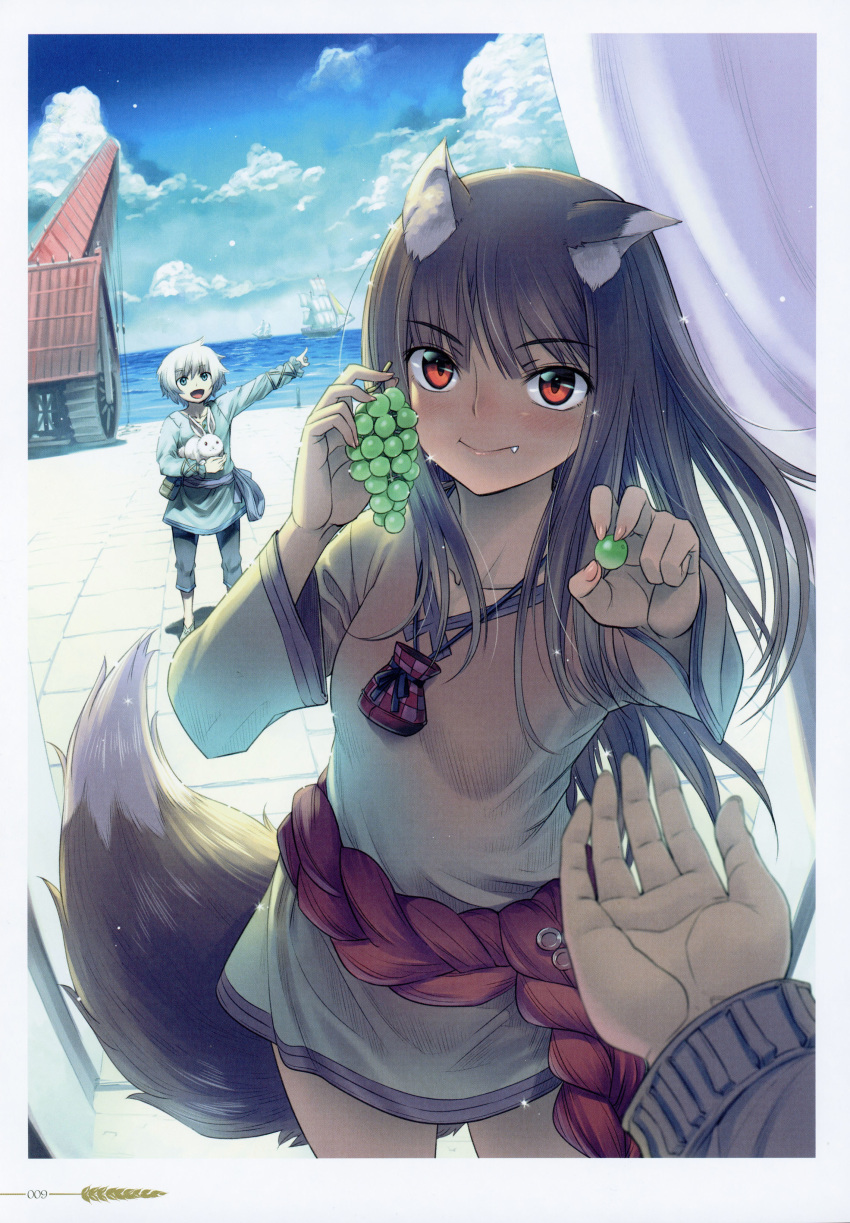 1boy 1girl absurdres animal_ears bangs black_pants blue_shirt bottomless brown_hair brown_shirt closed_mouth collarbone eyebrows_visible_through_hair fang fang_out floating_hair food fruit highres holding holding_food holding_fruit holo index_finger_raised koume_keito long_hair long_sleeves looking_at_viewer naked_shirt ocean official_art outstretched_arm page_number pants pouch rabbit red_eyes scan ship shirt silver_hair smile spice_and_wolf tail tote_col very_long_hair watercraft wolf_ears wolf_tail