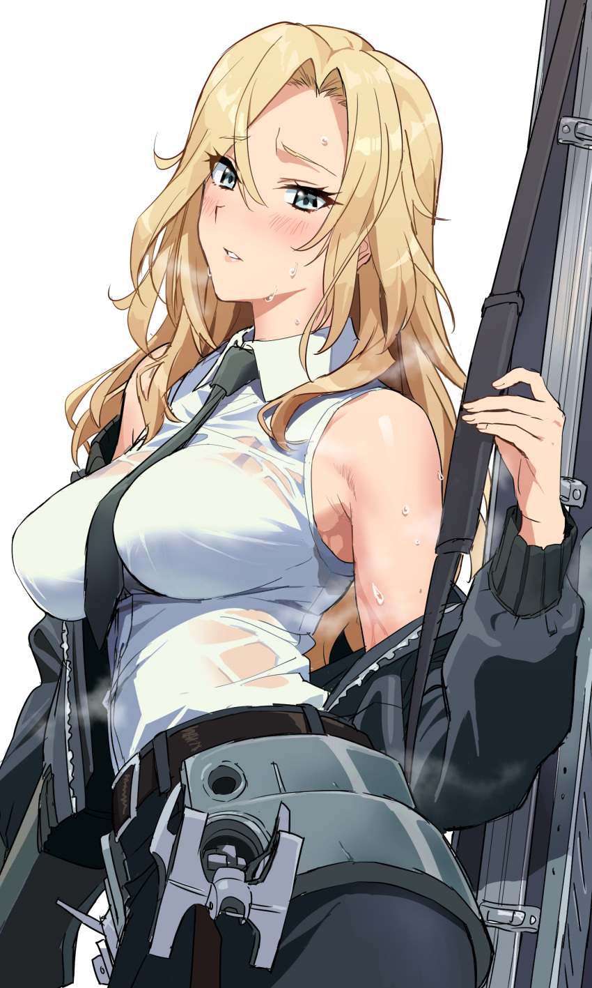 1girl absurdres belt between_breasts black_belt black_jacket blonde_hair blue_eyes blush bomber_jacket breasts commentary_request eyebrows_visible_through_hair gun_case hair_between_eyes highres holding hornet_(kantai_collection) ishii_takamori jacket kantai_collection large_breasts long_hair necktie necktie_between_breasts off_shoulder parted_lips pencil_skirt see-through shirt simple_background skirt sleeveless sleeveless_shirt solo steam sweat white_background white_shirt