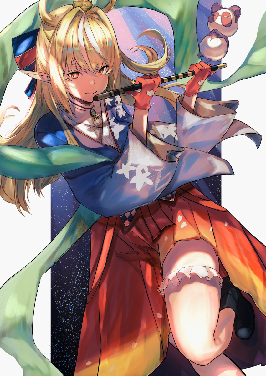 1girl absurdres bangs blonde_hair closed_mouth commentary_request eyebrows_visible_through_hair eyelashes gloves hair_ornament hands_up highres holding hololive long_hair long_sleeves maruno_ball multicolored_hair orange_eyes pointy_ears red_gloves shiny shiny_hair shiranui_flare smile streaked_hair virtual_youtuber white_hair wide_sleeves