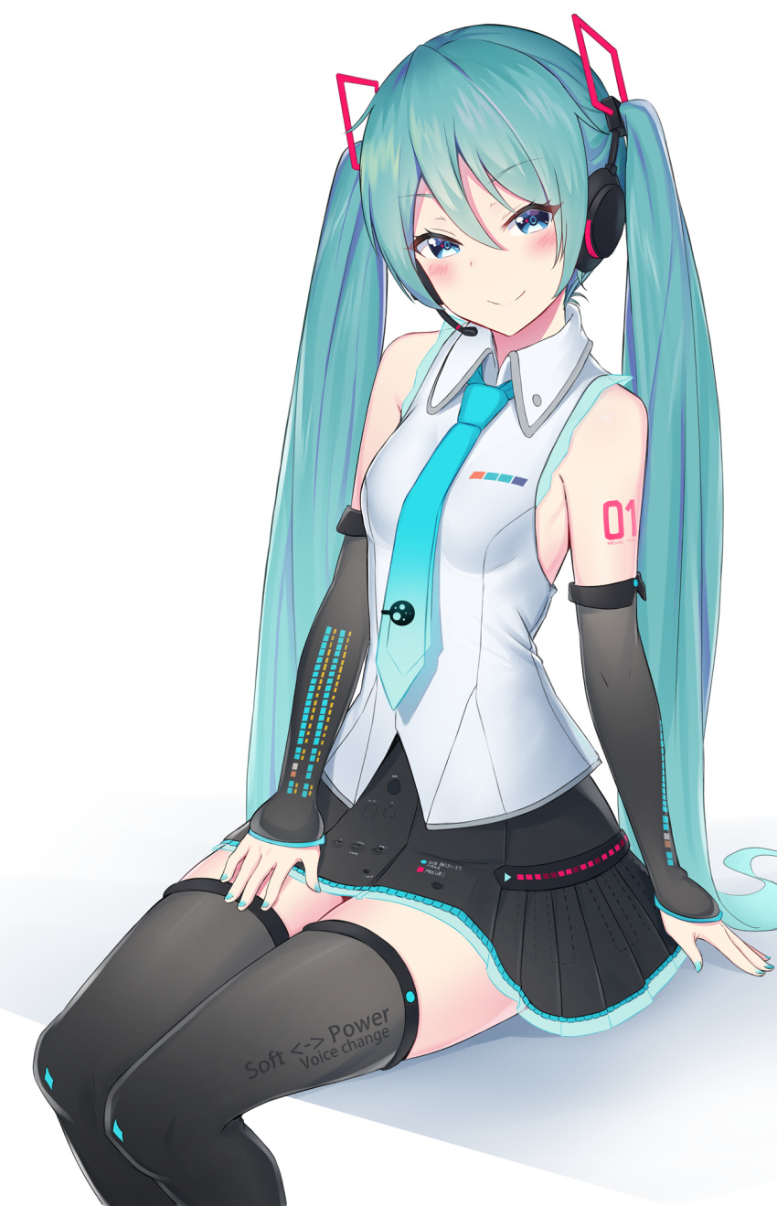 1girl aqua_hair aqua_neckwear bare_shoulders bibboss39 black_legwear black_skirt blue_eyes blush breasts closed_mouth detached_sleeves hatsune_miku highres long_hair looking_at_viewer necktie skirt small_breasts smile solo thigh-highs twintails vocaloid zettai_ryouiki