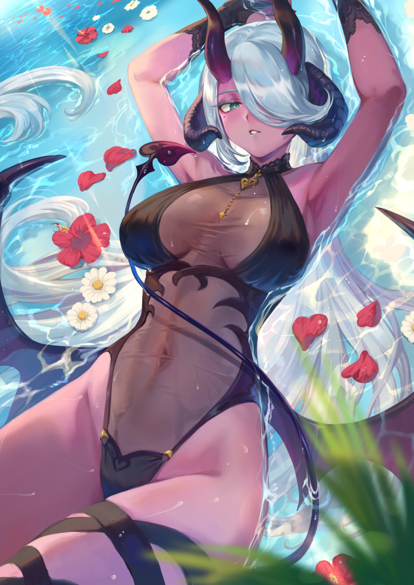 1girl afk_arena afloat armpits arms_up black_gloves blurry blurry_foreground blush character_request covered_navel demon_girl demon_horns demon_tail demon_wings dripping fingerless_gloves flower gloves green_eyes hair_over_one_eye half-closed_eyes highres horns light_rays long_hair lying mashuu_(neko_no_oyashiro) mole mole_under_eye on_back outdoors parted_lips partially_submerged petals plant purple_skin red_flower see-through silver_hair solo succubus swimsuit tail thigh_strap water wet wet_clothes wings
